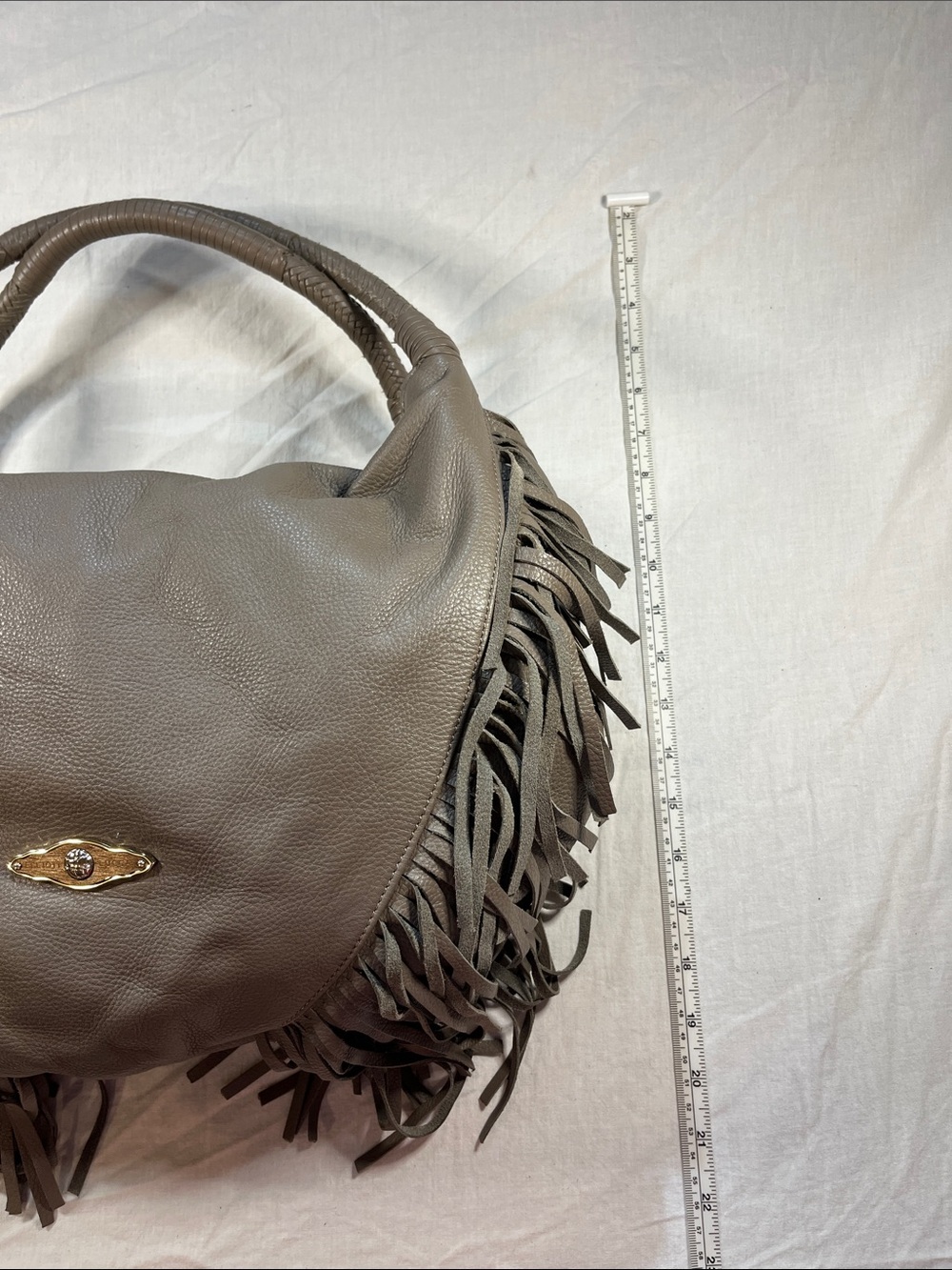 Elliott Lucca Gray Leather Fringe Hobo Shoulder Bag Braided Strap Slouchy Boho - Picture 7 of 11